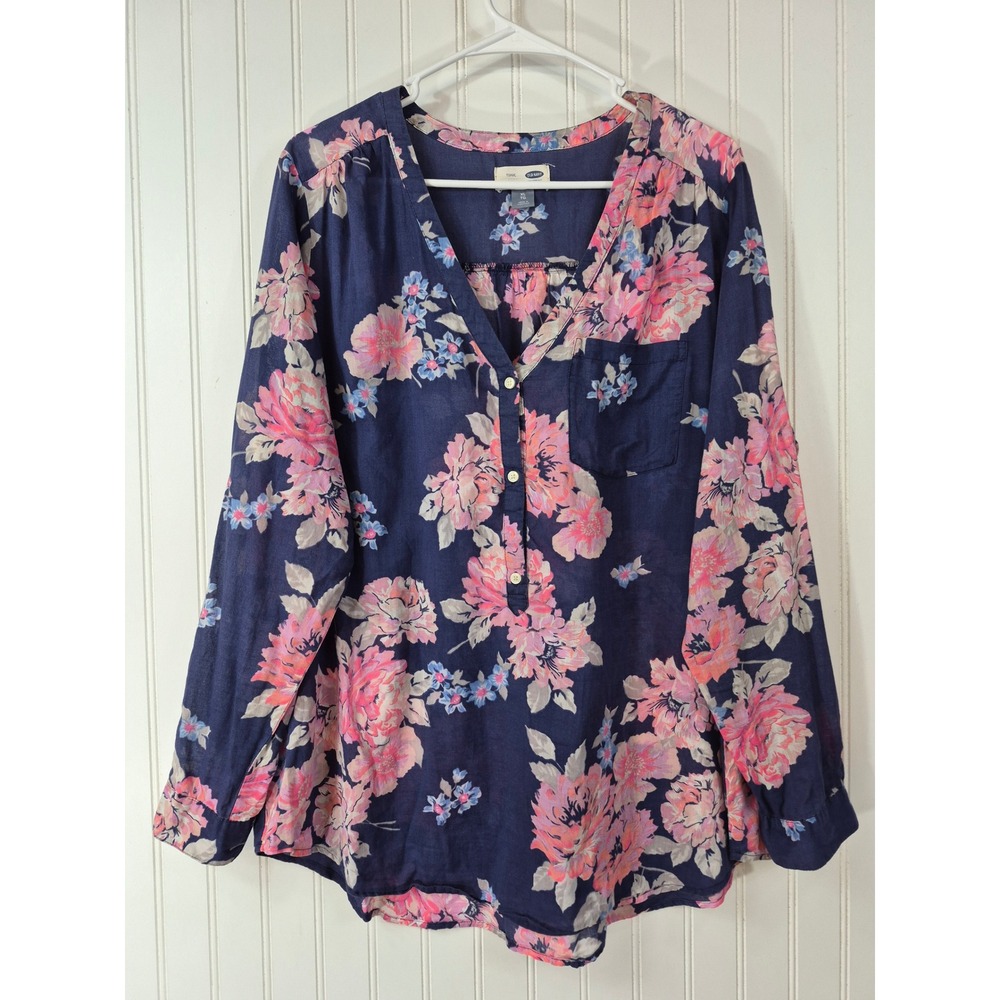 Old Navy Women XL Navy Pink Floral Cotton Long Sleeve Button Tunic Blouse Sheer